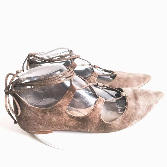 Vince Camuto Pointy Toe Tie Up Ankle Wrap Flats 7.5 Nuetral Suede Ballet Flats - Picture 2 of 10